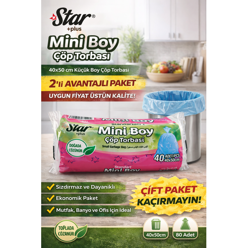 Star Plus Mini Boy ��p Torbas� 40'l� 2 Paket 40x50 cm Dayan�kl� S�zd�rmaz K���k Boy ��p Po�eti