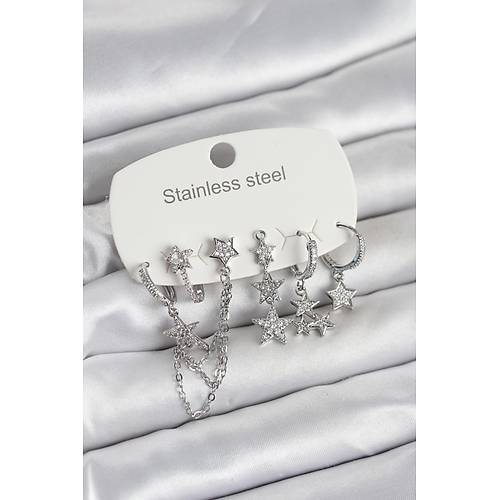 316L �elik Gold Renk 6'l� Set Zincirli Y�ld�z Modelli Kad�n K�pe