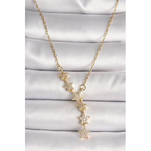316L �elik Gold Renk Zincir Zirkon Ta�l� Y�ld�z Model Kad�n Kolye