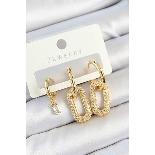 Pirin� Zirkon Ta�l� Dikd�rtgen Model Gold Renk 3'l� �ift Kad�n K�pe Set