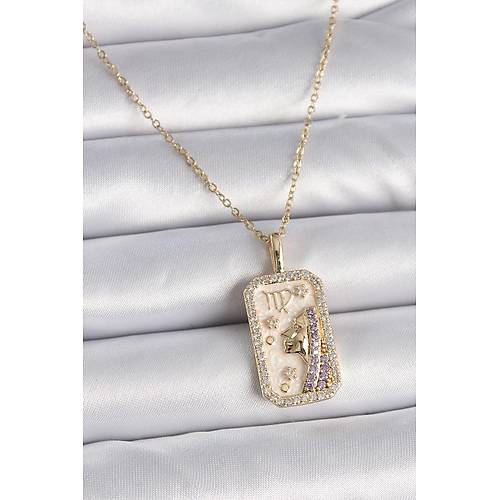 316L �elik Gold Renk Zincir Ba�ak Burcu Zirkon Ta�l� Kad�n Kolye