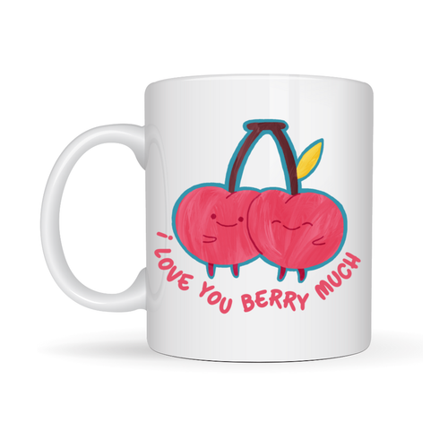 I Love You Berry Much Tasar�ml� Kupa Model 12 Sevimli Kiraz Desenli Porselen Kahve Kupas� - Hediye Fincan�