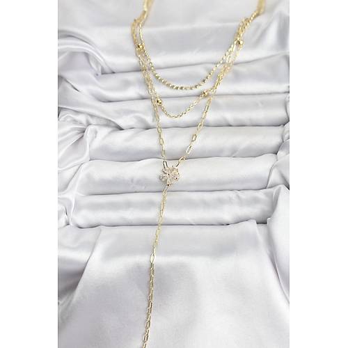 Pirin� Gold Renk Zirkon Ta�l� �i�ek Model Detayl� 3'l� Kombin Y Kad�n Kolye