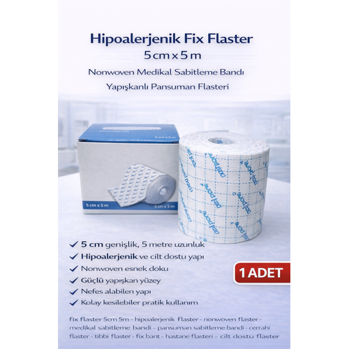 Hipoalerjenik Fix Flaster 5 cm x 5 m Nonwoven Medikal Sabitleme Band� Yap��kanl� Pansuman Flasteri