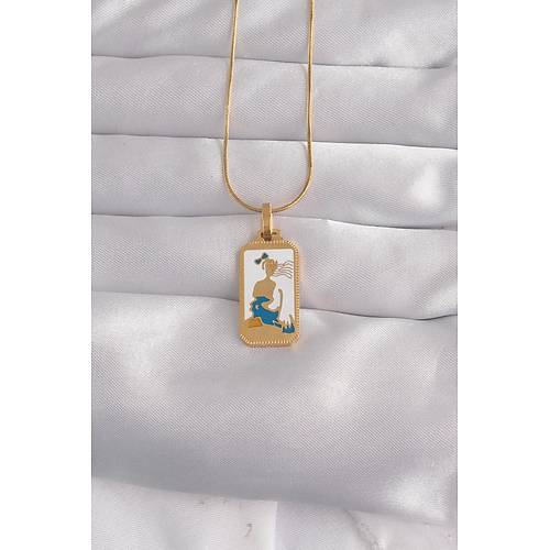316L �elik Gold Renk Beyaz Mineli K�z Fig�r Tarot Kolye