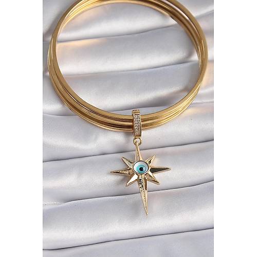 Pirin� Gold Renk Zirkon Ta�l� Kutup Y�ld�z� Nazar Boncuk Detay Ajda Charm