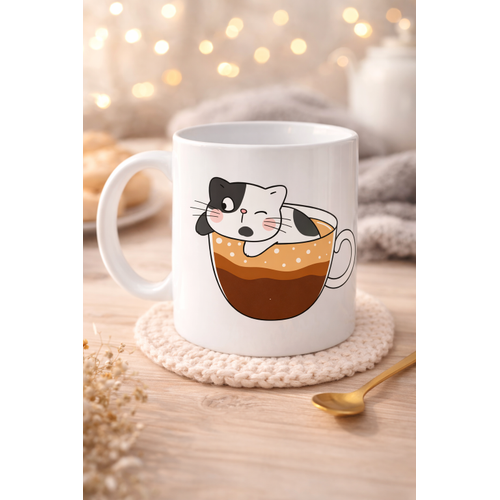 Sevimli Kedi Tasar�ml� Porselen Kupa MODEL 195 � Kahve ��inde Kedi Bask�l� Porselen Kahve Kupas� � Kedi Severler ��in Hediyelik Porselen Kupa Bardak 330 ml