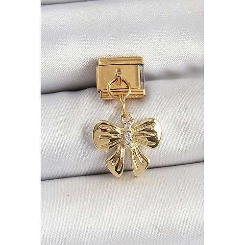 316L �elik Sallant�l� Zirkon Ta�l� Fiyonk Model Gold Renk Nomination Charm