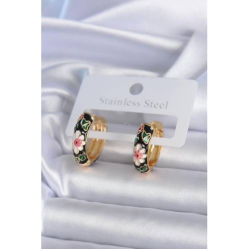 Pirin� Gold Renk Siyah �i�ek ��leme Kad�n K�pe