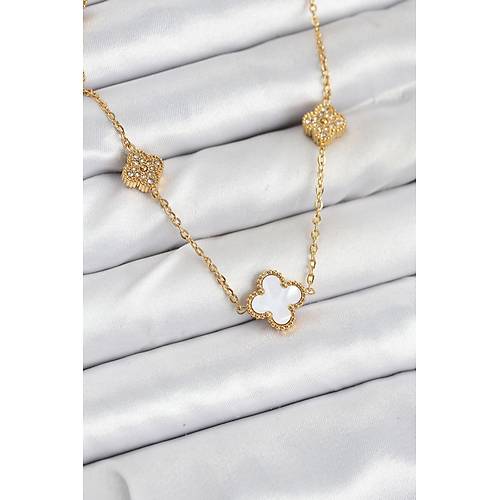 316L �elik Zincir Gold Renk Beyaz ve Zirkon Ta�l� Yonca Kad�n Kolye