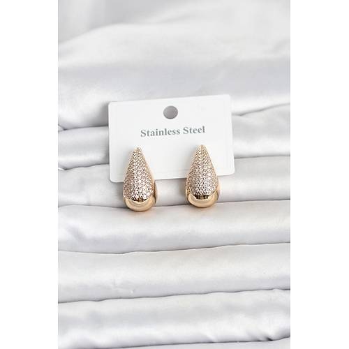 316L �elik Gold Renk Zirkon Ta�l� Damla Model Kad�n K�pe