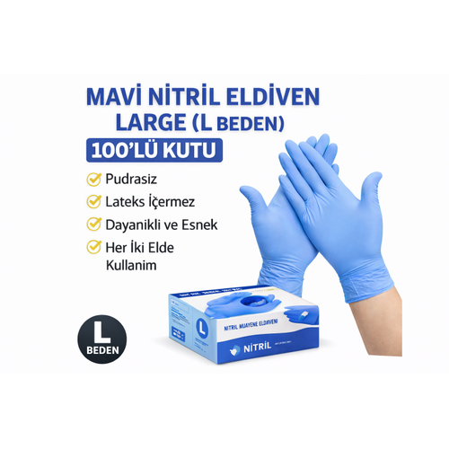 Mavi Nitril Eldiven Large L Beden Pudras�z 100�l� 1 Kutu Tek Kullan�ml�k Muayene Eldiveni Lateksiz Koruyucu Eldiven