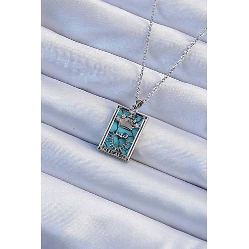 316L �elik Zincir G�m�� Renk Zirkon Ta�l� Mavi Mermer Desenli Ta� Model Tarot Kolye