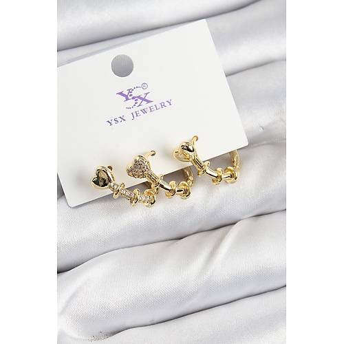 Pirin� Z�rkon Ta�l� Kalp Model Gold Renk 3'l� Kad�n K�pe
