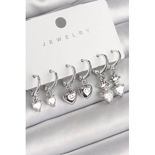 Pirin� G�m�� Renk Sallant� Zirkon Ta�l� Kalp Model Ta� Detay Kad�n K�pe Seti