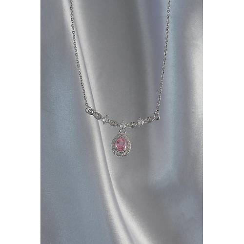 316L �elik G�m�� Renk Pembe Zirkon Ta�l� Damla Kolye