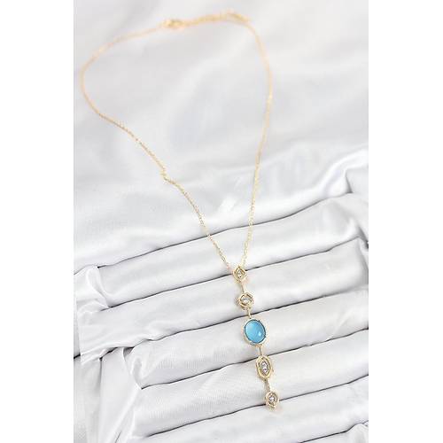 Pirin� Zincir Mavi Gold Renk Zirkon Ta�l� Y Kolye