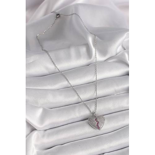 316L �elik G�m�� Renk Zincir Zirkon Ta�l� Kalp Model Kad�n Kolye