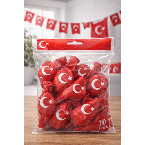 Ayy�ld�zl� K�rm�z� Balon Seti T�rk Bayrakl� Parti Balonu Dayan�kl� Latex Balon 10'lu Paket