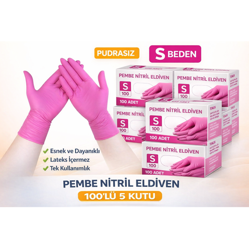 Pembe Nitril Eldiven S Beden Pudras�z 100�l� 5 Kutu Tek Kullan�ml�k Dayan�kl� Muayene Eldiveni Toplu Paket
