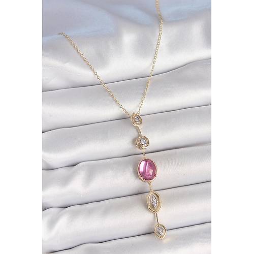 Pirin� Zincir Gold Renk Pembe Zirkon Ta�l� Y Kolye