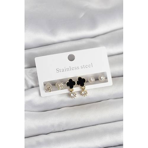 316L �elik Gold Renk Yonca Detayl� Kad�n K�pe Seti