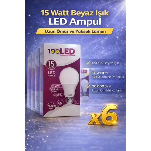 LED Ampul 15 Watt Beyaz I��k 6500K Y�ksek L�men E27 Duy Uzun �m�rl� 6 Adet