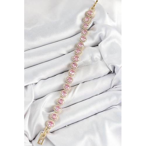 Pirin� Pembe Zirkon Ta�l� Daire Baget Model Gold Renk VIP Seri Kad�n Bileklik
