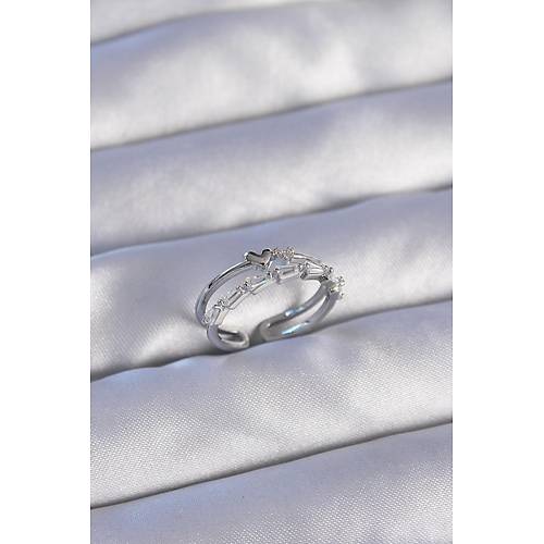 Pirin� G�m�� Renk Zirkon Ta�l� Kalpli 2li G�r�n�m Ayarlanabilir Y�z�k