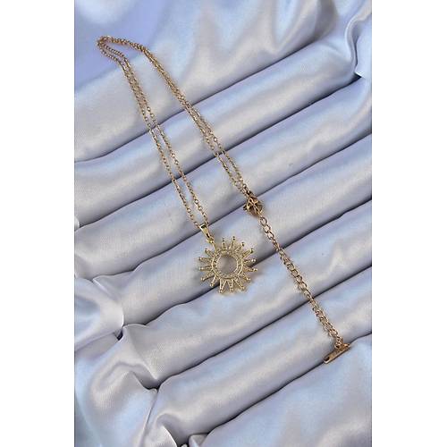 316L �elik Zincir Alt�n Renk Zirkon Ta�l� Parlayan G�ne� Kolye