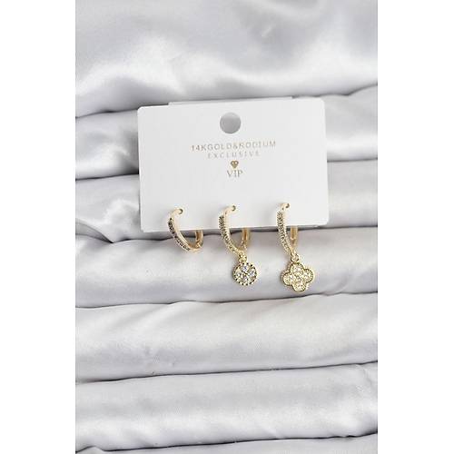 Pirin� Gold Renk Yonca Model 3'l� Kad�n K�pe Seti