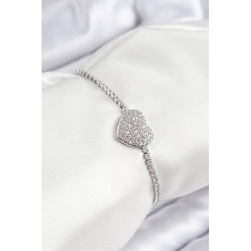 Pirin� Zirkon Ta�l� Kalp Model G�m�� Renk Asans�rl� Kad�n Bileklik