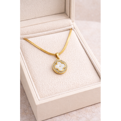 Paslanmaz �elik Yonca Kolye MODEL 8 � Gold Kaplama Sedef G�r�n�ml� Zirkon Ta�l� | Kararmaz Kad�n Kolyesi
