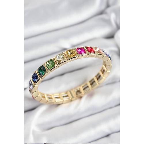 Pirin� Kar���k Zirkon Ta�l� Kare Model Gold Renk Lastikli Kad�n Bileklik