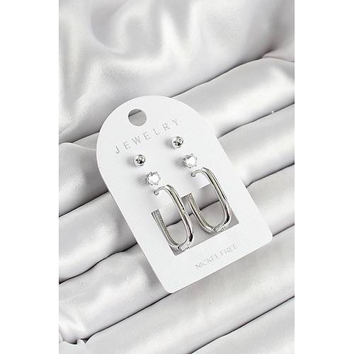 Pirin� Zirkon Ta� Ve Dikd�rtgen Fig�rl� G�m�� Renk 3'l� �ift Kad�n K�pe Set