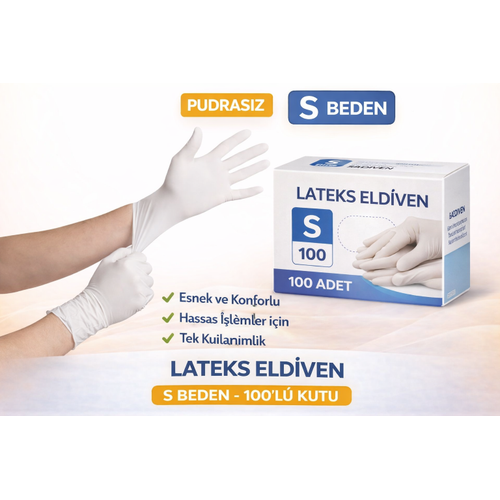 Lateks Eldiven S Beden Pudras�z 100�l� 1 Kutu Tek Kullan�ml�k Esnek Muayene Eldiveni