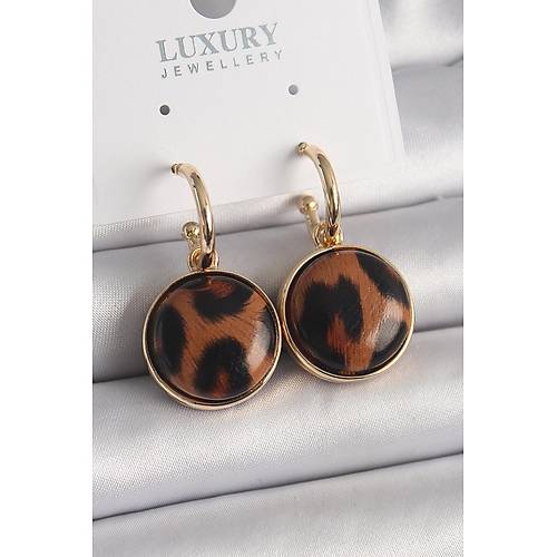 Pirin� Gold Renk Leopar Desenli Daire Model Kad�n K�pe