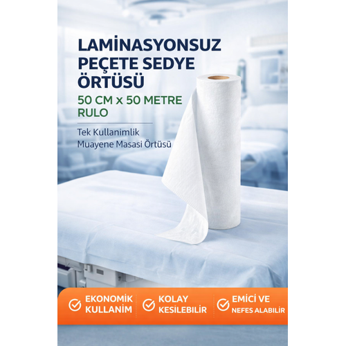 Laminasyonsuz Pe�ete Sedye �rt�s� 50 cm x 50 Metre Rulo Tek Kullan�ml�k Muayene Masas� �rt�s� 1 Adet