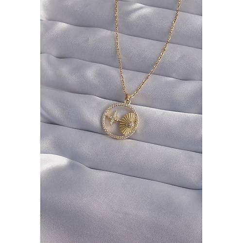 316L �elik Zincir Gold Renk Zirkon Ta�l� Y�ld�z Fig�rl� Oval Kolye