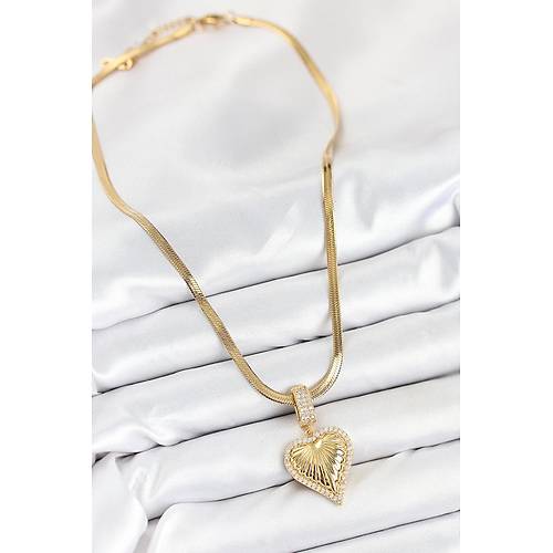 316L �elik Zirkon Ta�l� Kalp Model Gold Renk Kad�n Kolye