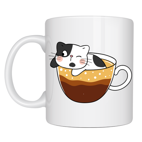 Sevimli Kedi Tasar�ml� Porselen Kupa MODEL 195 � Kahve ��inde Kedi Bask�l� Porselen Kahve Kupas� � Kedi Severler ��in Hediyelik Porselen Kupa Bardak 330 ml