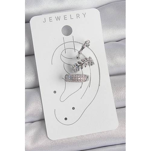 Pirin� G�m�� Renk Zirkon Ta�l� 3'L� Model Yaprak Fig�r Kad�n K�k�rdak K�pe