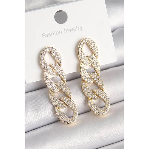 Pirin� Gold Renk Zirkon Ta�l� Zincir Model Kad�n K�pe