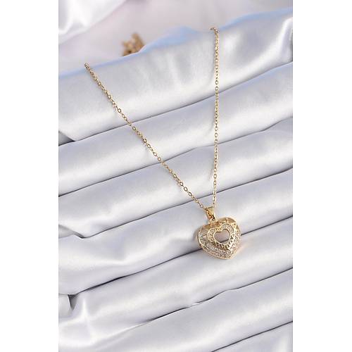316L �elik Gold Renk Zirkon Ta�l� Kalp Model Vintage Kad�n Kolye