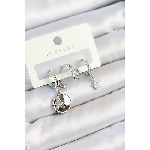 Pirin� Zirkon Ta�l� Sallant�l� Y�ld�z Model G�m�� Renk 3'l� �ift Kad�n K�pe Set