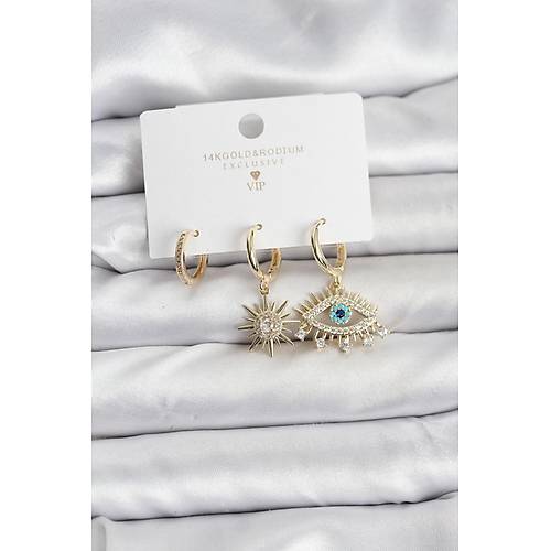 G�z Model Gold Renk Pirin� 3'l� Kad�n K�pe Seti