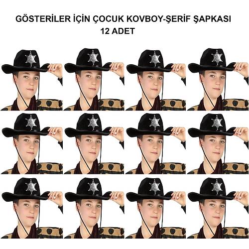 Kovboy �erif �apkas� Siyah 12 Adet - Kost�m, Parti ve G�steri �apkas�