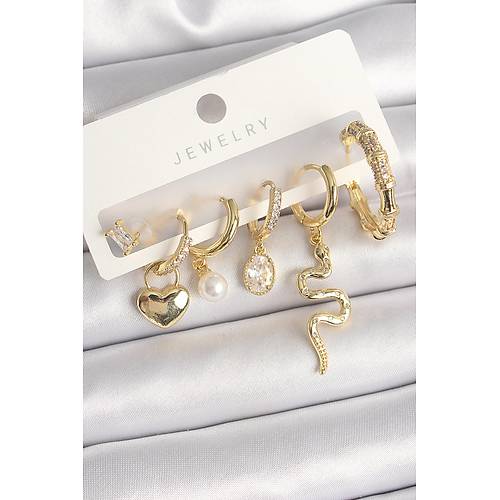 Pirin� Gold Renk Sallant� Y�lan Model Zirkon Ta�l� Halka Kilit Kalp Detay Kad�n K�pe Seti