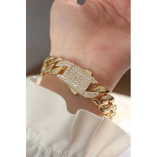 Vip Seri Pirin� Ortas� Zirkon Ta�l� Gold Renk Gurmet Bileklik