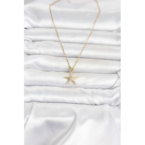 316L �elik Zincir Gold Renk Deniz Y�ld�z� Model Zirkon Ta�l� Kad�n Kolye